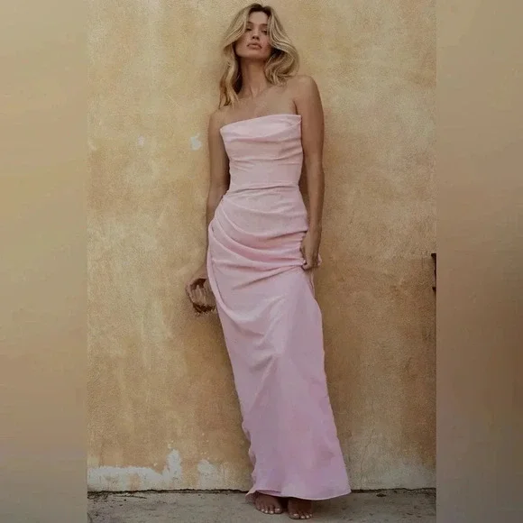 House of CB Adrienne Pink Quartz Georgette Strapless Gown Maxi - Picture 6 of 7